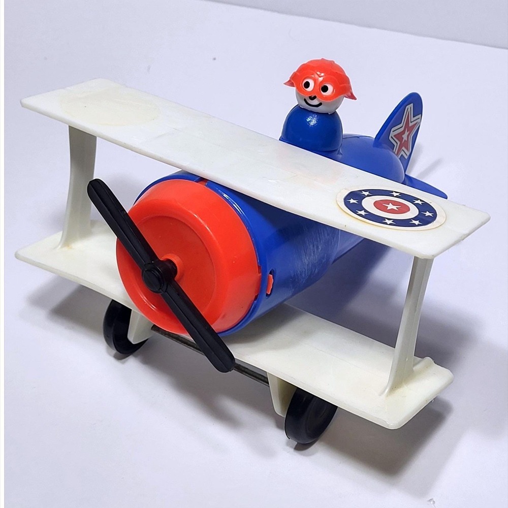 Vintage Fisher Price Little People Blue Biplane Airplane Toy with Pilot Figure